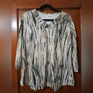 Blair 3/4 Sleeve Top Blouse Size Large Black Tan Cream White Brush Paint Strokes